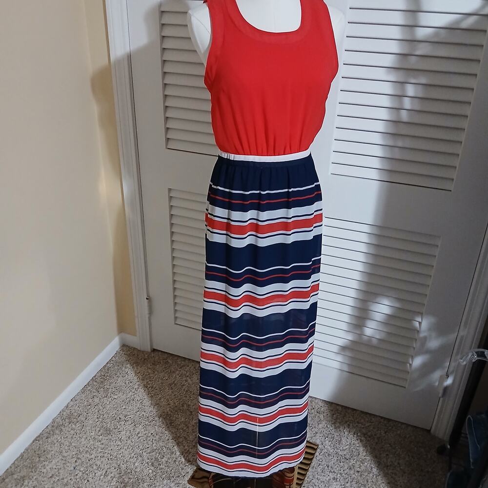 Heart Soul sleeveless red, white and blue striped maxi dress sz XS EASY CARE